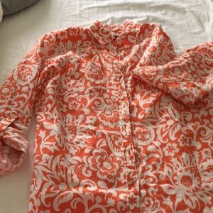 Talbots orange and white 100% linen blouse